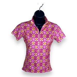 XS Y2K TERRY PINK YELLOW FLORAL SHORT SLEEVE TOP GOLF OUTDOOR ACTIVEWEAR 90s